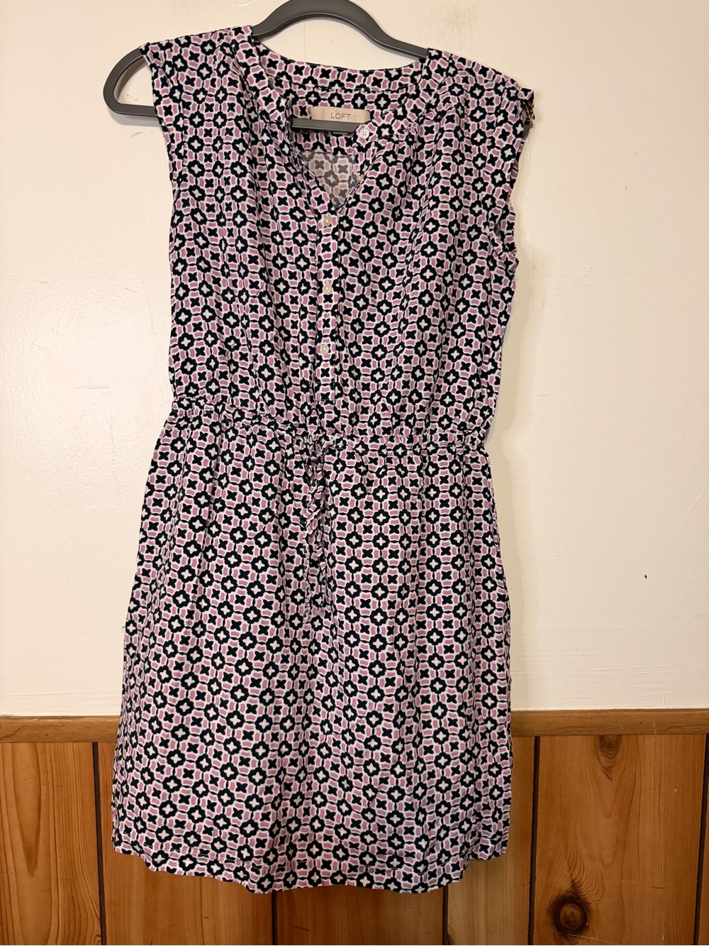 LOFT Pink and Navy Printed Sleeveless Drawstring Dress